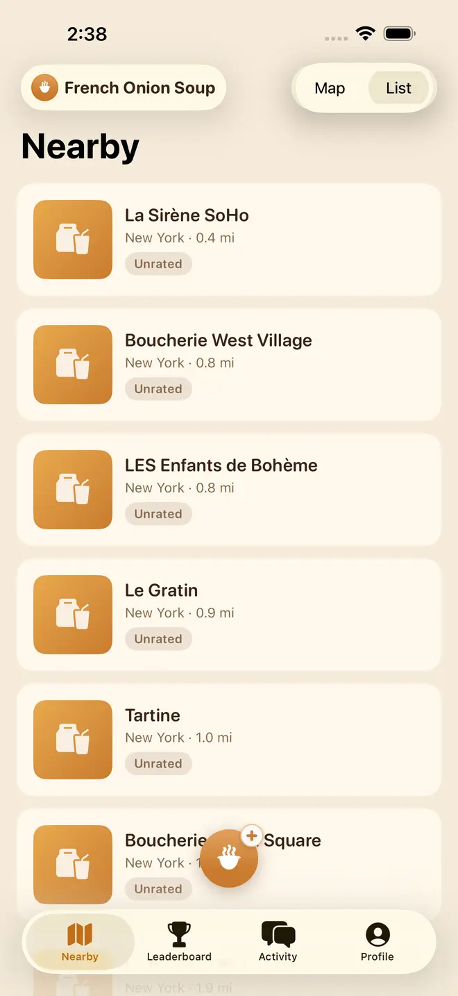 Nearby screen with French onion soup restaurants.
